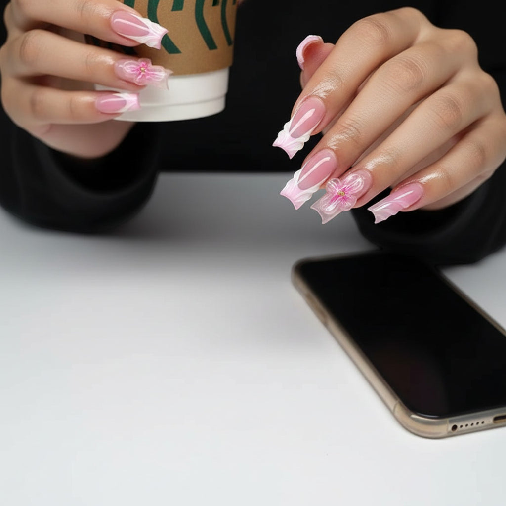 Press Aura21 by Aurapal: Pink and white French tip press-on nails with 3D floral accents and glossy finish.