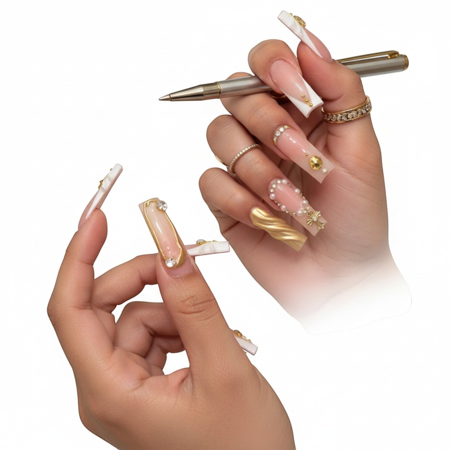 AuraPal Press Aura26 long coffin press-on nails with gold accents, pearls, rhinestones, and 3D embellishments.
