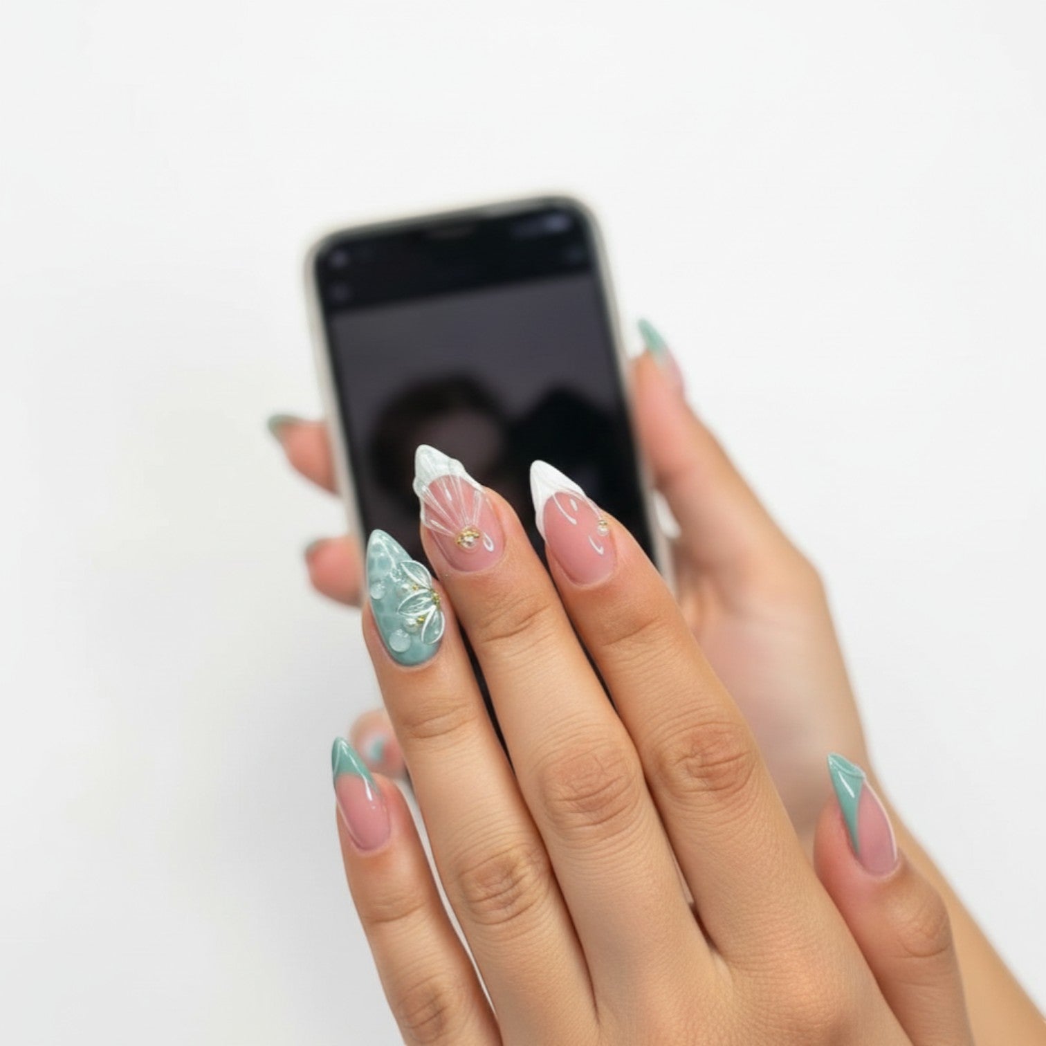 AuraPress Aura37 press-on nails in mint green and pink with 3D floral and water drop designs, gold accents.