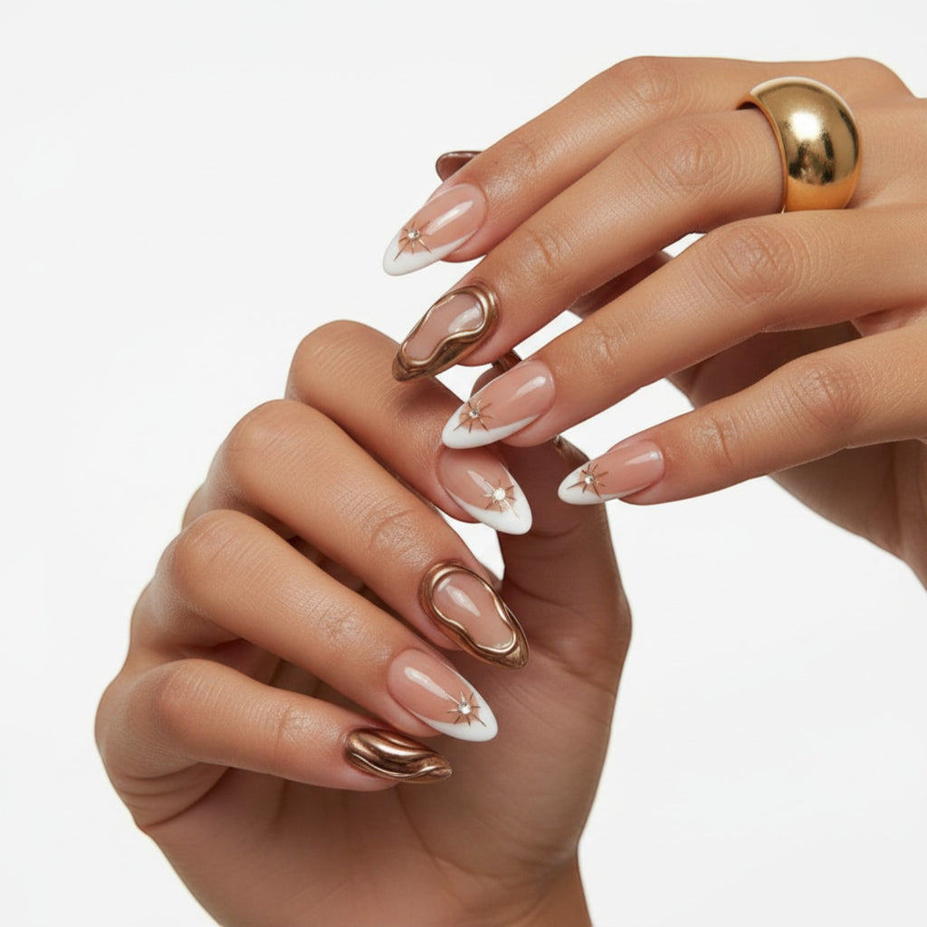 AuraPal Press Aura48 almond-shaped press-on nails with French tips, rose gold accents, and star details.