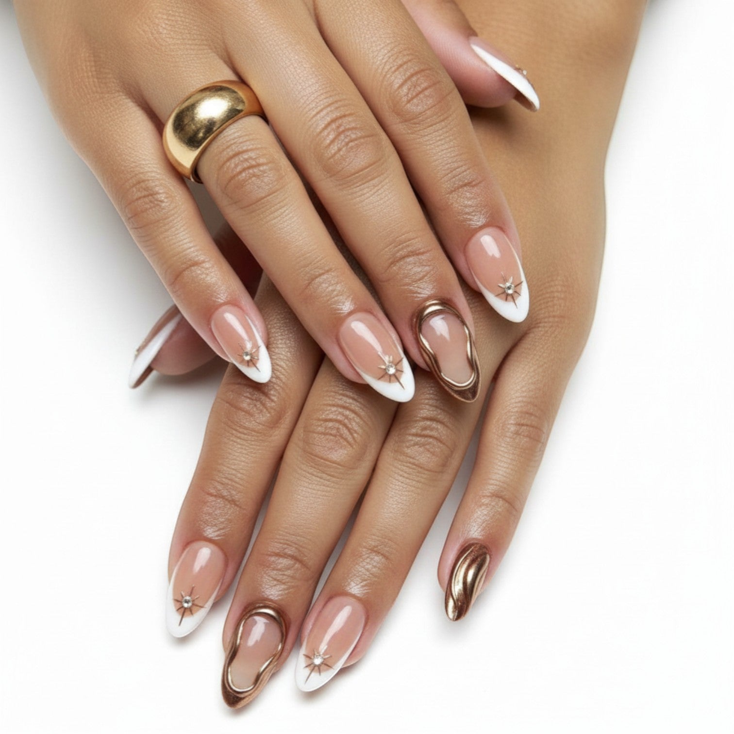 AuraPal Press Aura48 almond-shaped press-on nails with French tips, rose gold accents, and star details.