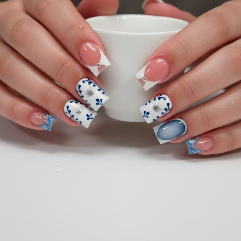 Press Aura55 French tip press-on nails with blue floral design, silver accents, and rhinestones. Pink and blue ombré.
