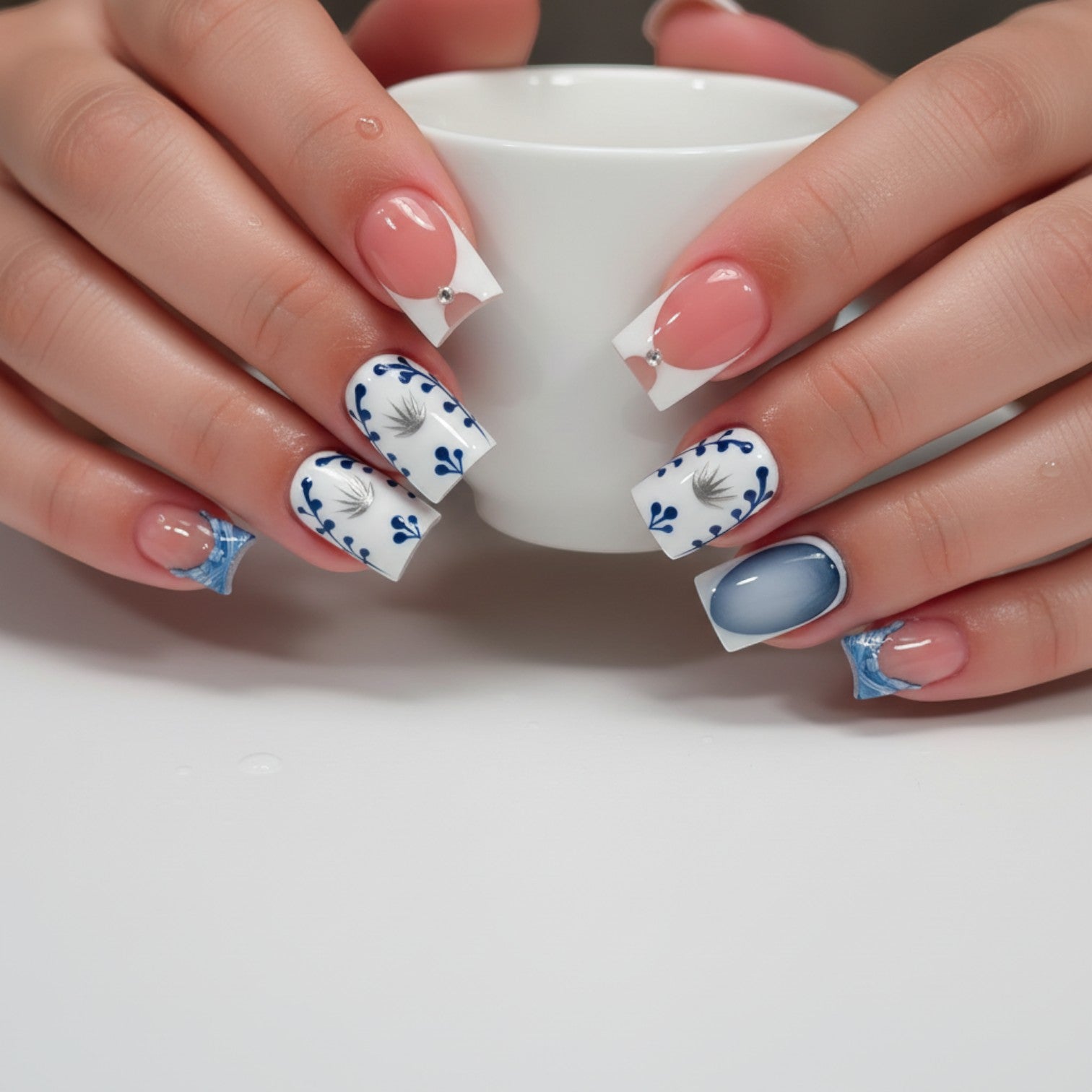 Press Aura55 French tip press-on nails with blue floral design, silver accents, and rhinestones. Pink and blue ombré.