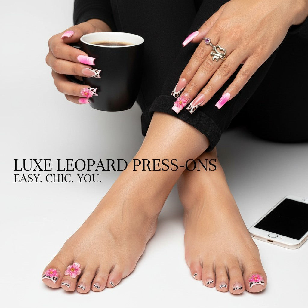 Aurapal Press Aura61 long press-on nails and toes with pink flowers, leopard print, and neon pink ombré.