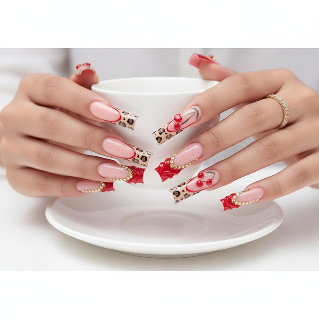 AuraPal Press Aura62 long coffin press-on nails with pink French tips, leopard print, red cherry charms, and gold rhinestone accents.