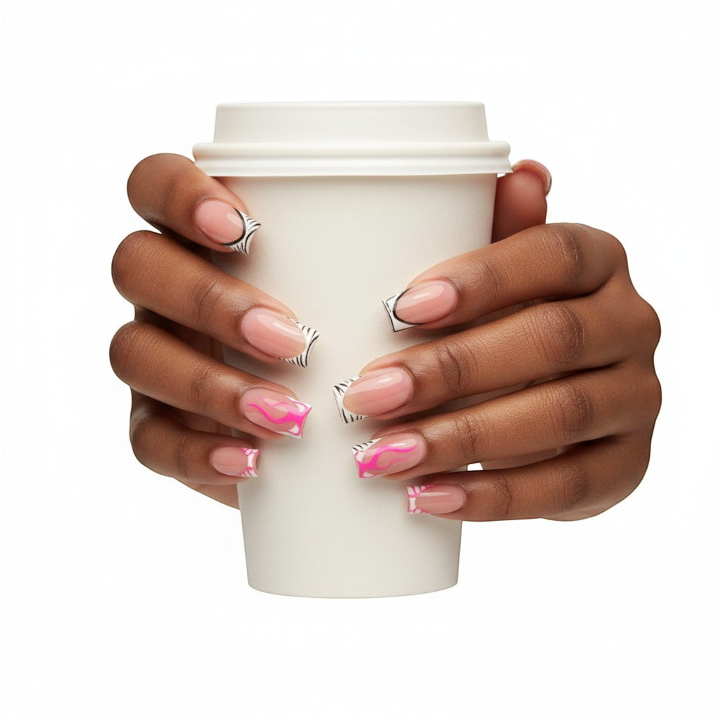 AuraPal Press Aura66 press-on toenails and fingernails with pink French tips and zebra print accents.
