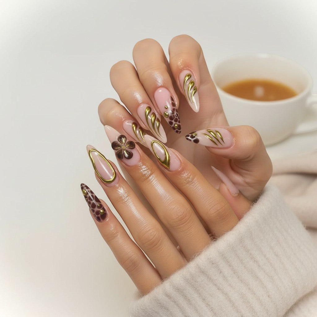 Aurapal Aura67 stiletto press-on nails with pink base, brown animal print, gold accents, and 3D flowers.