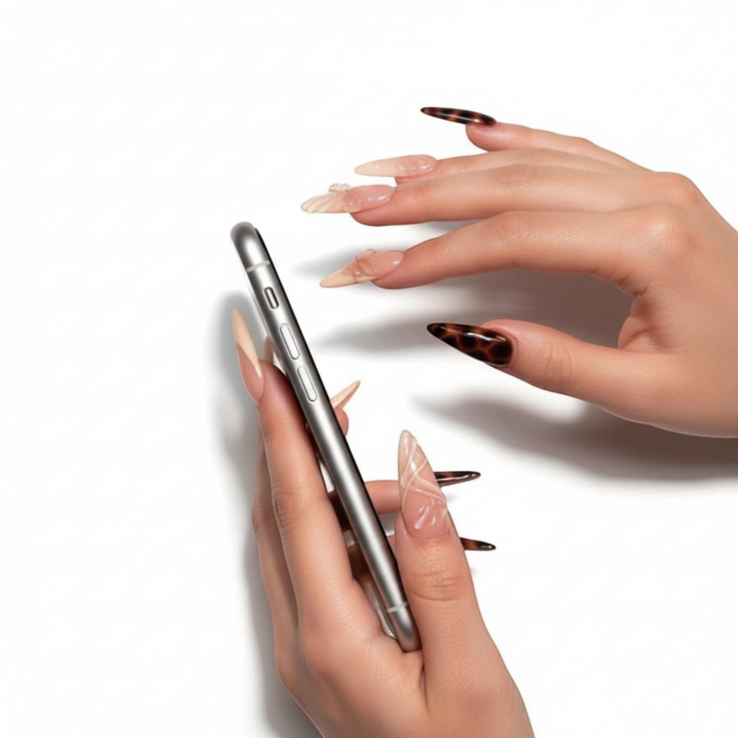 AuraPal Aura28 press-on nails: French tip, tortoiseshell, and 3D floral designs in nude and clear finishes.