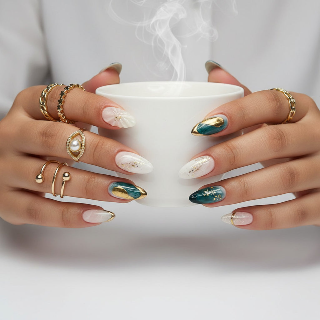 Aurapal Aura43 press-on nails with marble, gold, and glitter designs. Includes 3D floral accent nail.