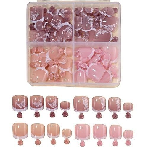 Aurapal press-on toe nail set in soft pink and mauve with butterfly and floral art in a clear storage case.