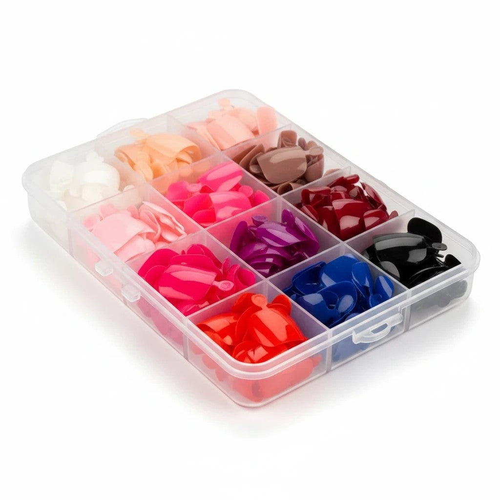 Aurapal professional artificial press-on toenail set in a clear storage case with various vibrant and neutral colors.