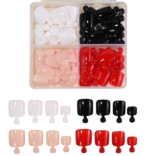 Aurapal full cover press on toenail tips set in white, black, nude, and red with a convenient storage case.