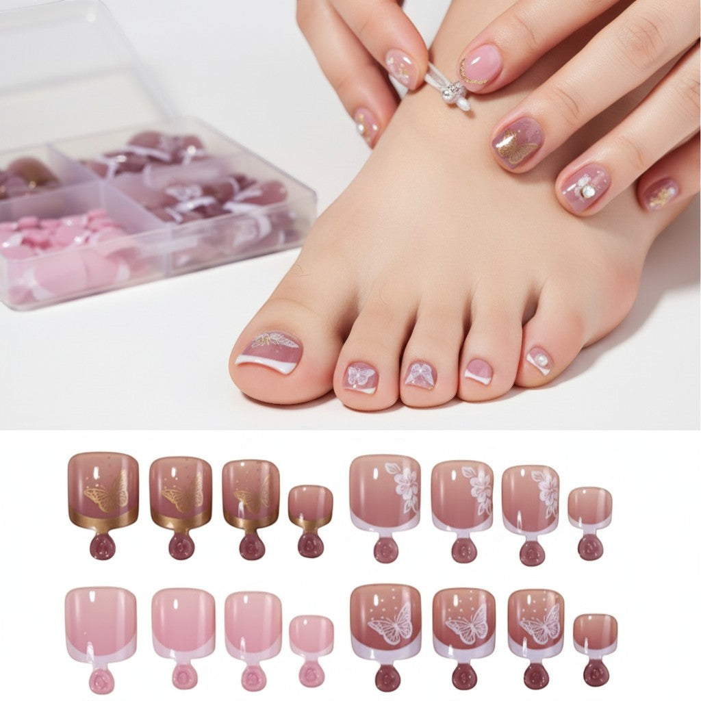 Aurapal Aura73 press-on toenails in pink and mauve with butterfly and floral designs. Includes multiple sizes.