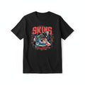 Aurapal black cotton crewneck t-shirt featuring a red and blue graphic print of a skateboard and high-top sneakers.