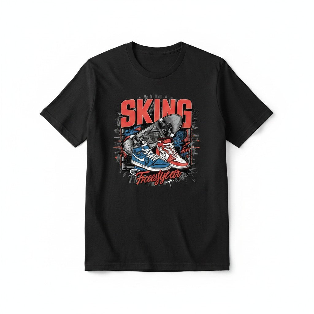 Aurapal black cotton crewneck t-shirt featuring a red and blue graphic print of a skateboard and high-top sneakers.