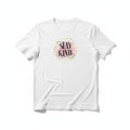 Aurapal white cotton crewneck t-shirt featuring a Stay Kind graphic with pink watercolor and gold geometric accents.
