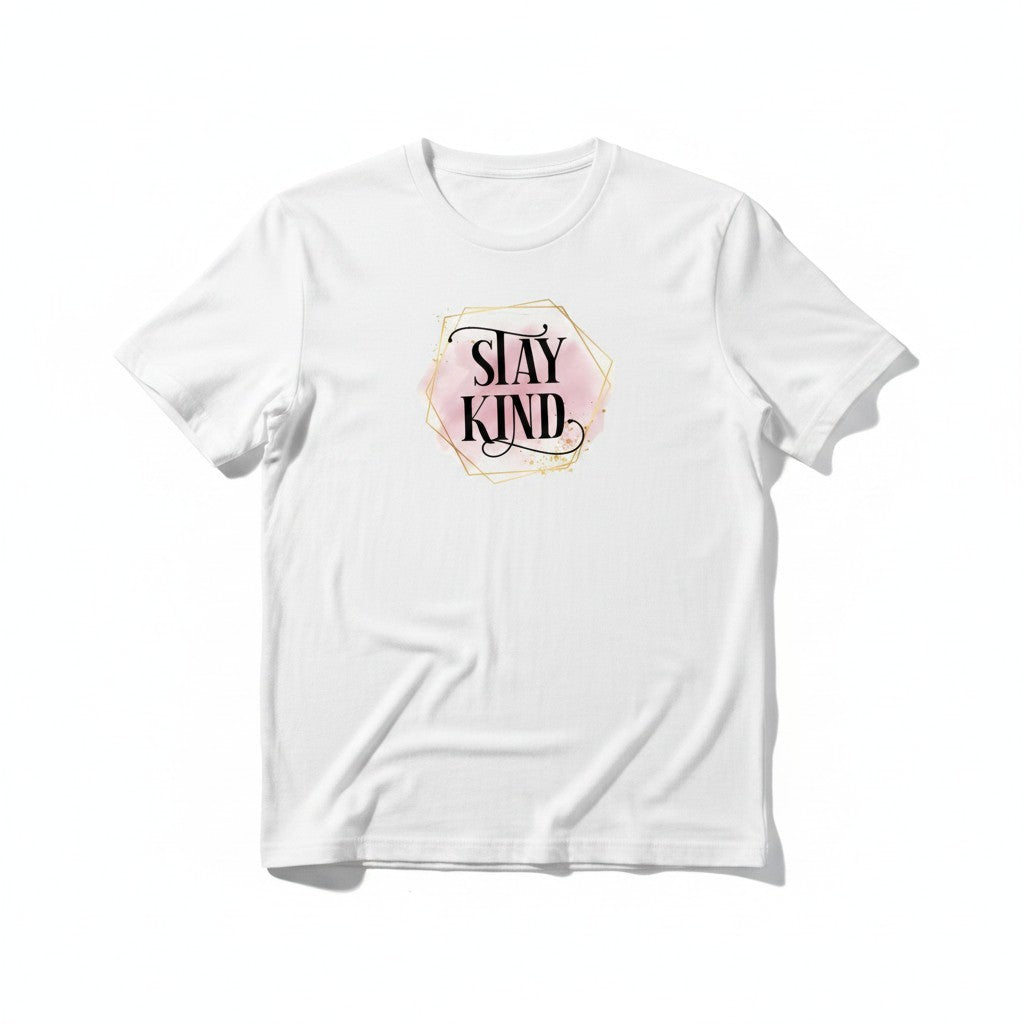 Aurapal white cotton crewneck t-shirt featuring a Stay Kind graphic with pink watercolor and gold geometric accents.