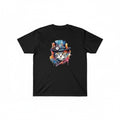 Aurapal black cotton crewneck t-shirt featuring a vibrant watercolor steampunk cat graphic with a clockwork top hat.