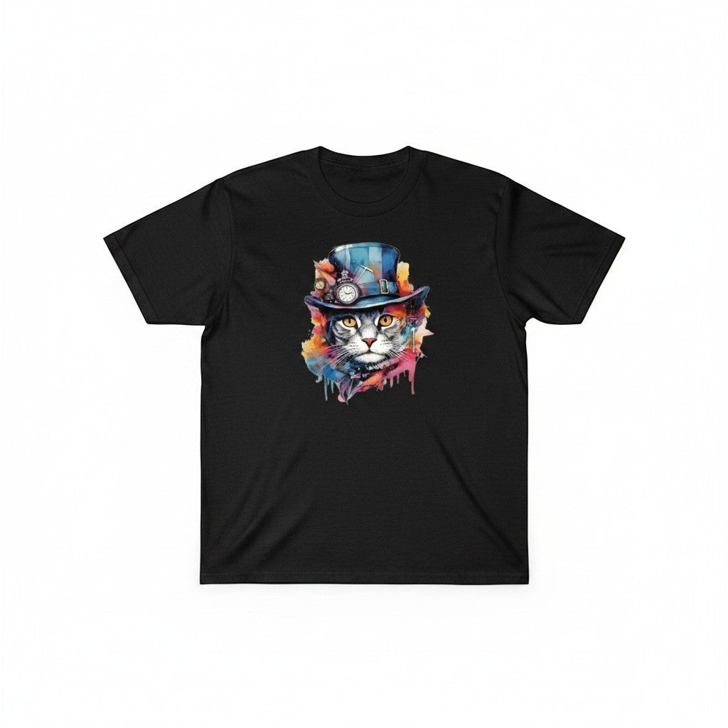 Aurapal black cotton crewneck t-shirt featuring a vibrant watercolor steampunk cat graphic with a clockwork top hat.