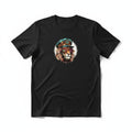 Aurapal black crew neck t-shirt featuring a steampunk lion graphic with goggles and a captain's cap.