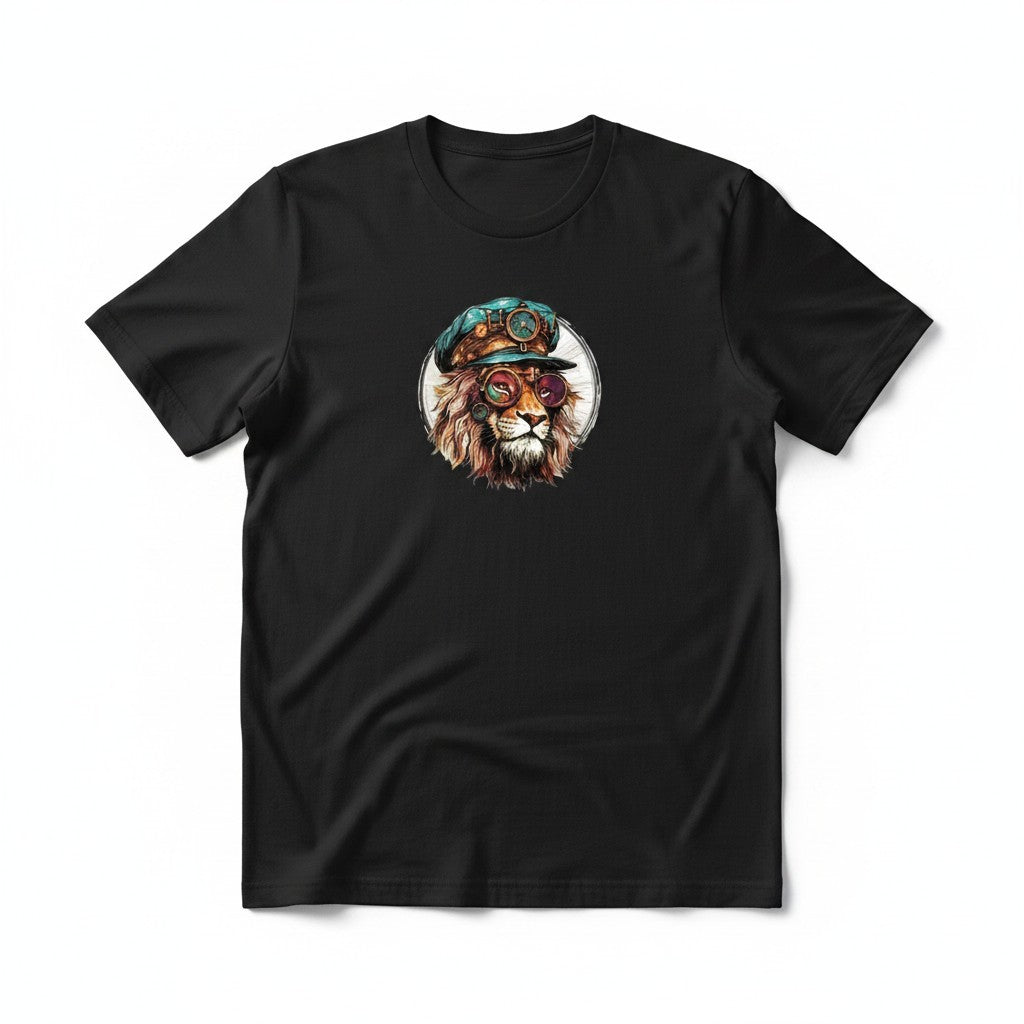 Aurapal black crew neck t-shirt featuring a steampunk lion graphic with goggles and a captain's cap.
