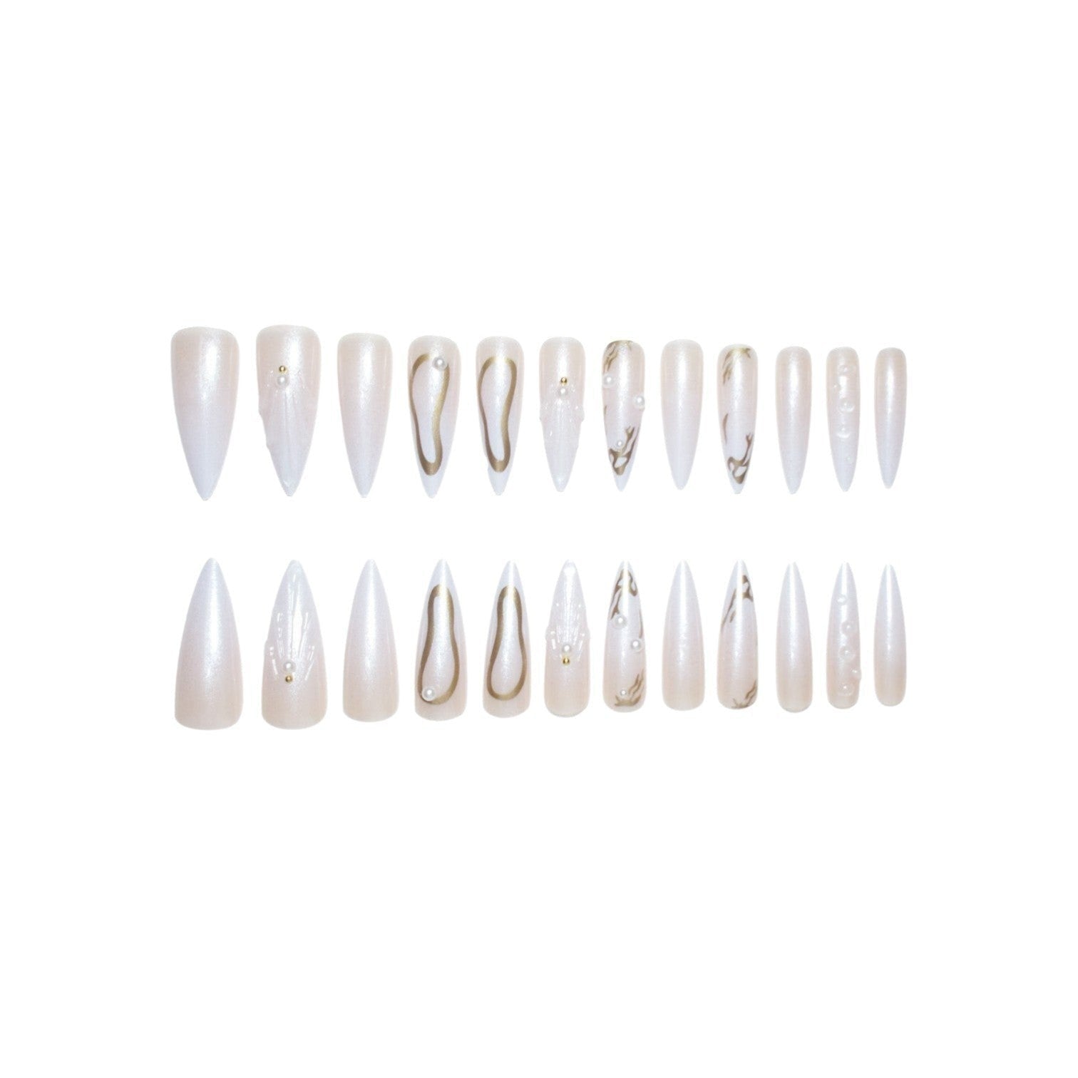 Aurapal stiletto press-on nails in pearlescent white with gold abstract line art and delicate pearl accents.