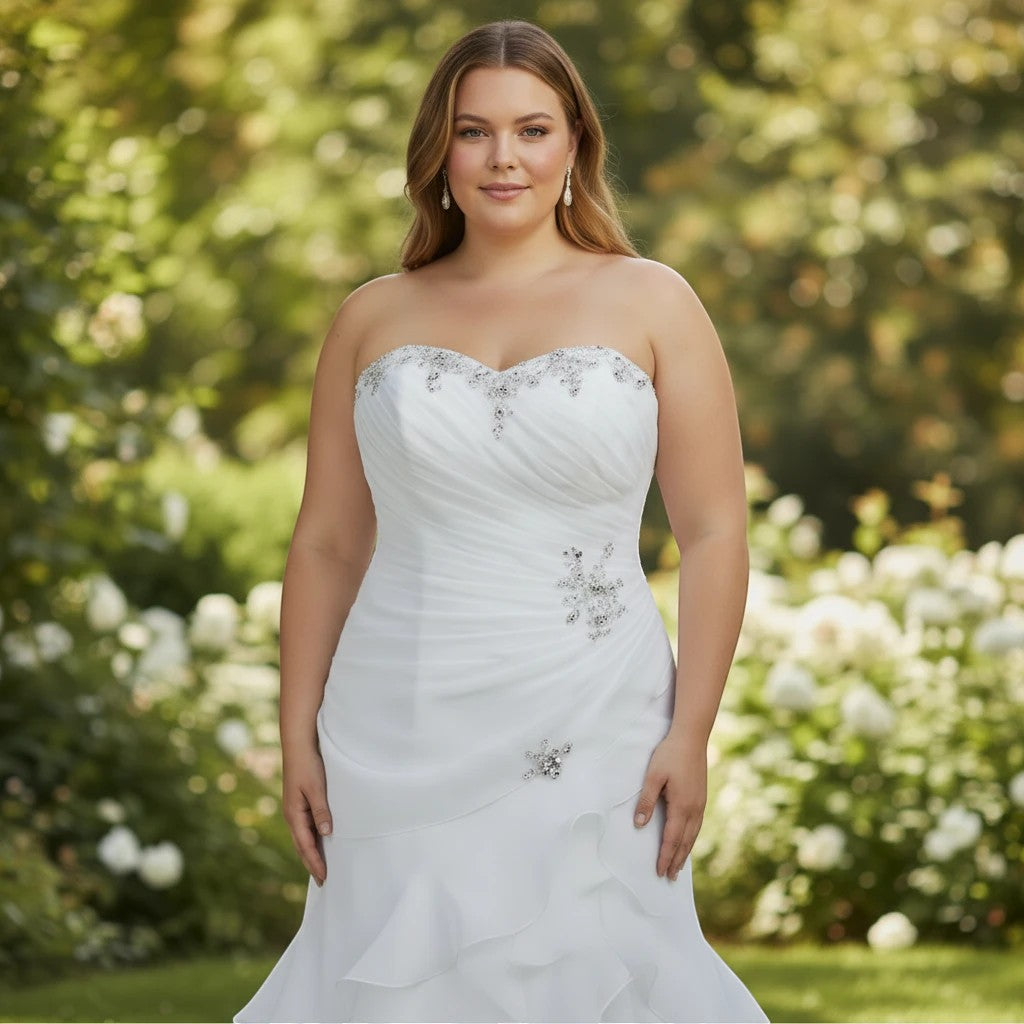 Aurapal plus-size strapless white mermaid wedding dress with crystal beadwork, ruched bodice, and ruffled skirt.