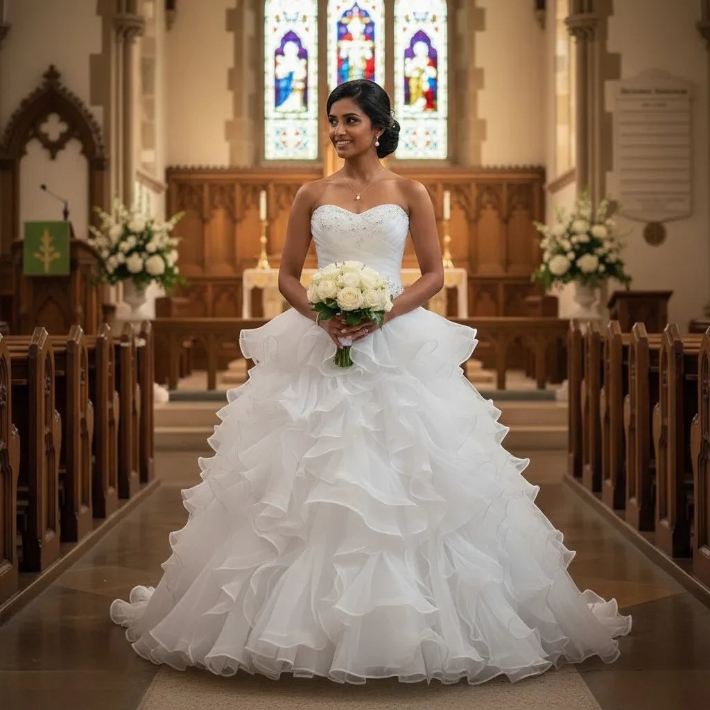 Aurapal white strapless ballgown wedding dress with cascading organza ruffles and sweetheart neckline in a church.