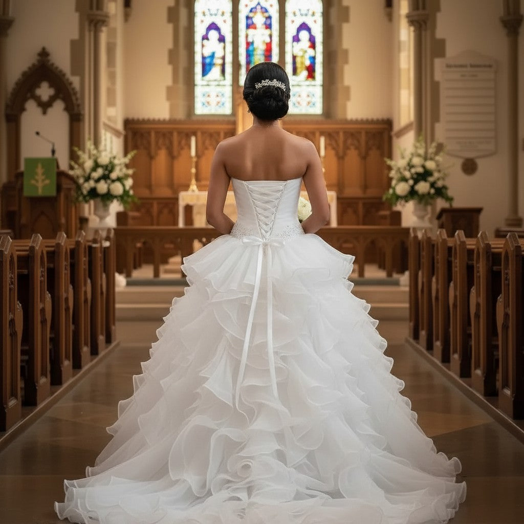 Aurapal strapless white organza ballgown wedding dress with cascading ruffles and lace-up back in a church setting.
