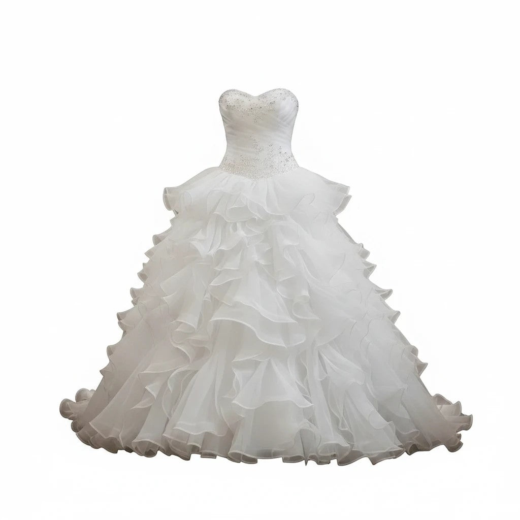 Aurapal white strapless ballgown wedding dress with a sweetheart neckline and cascading organza ruffled skirt.