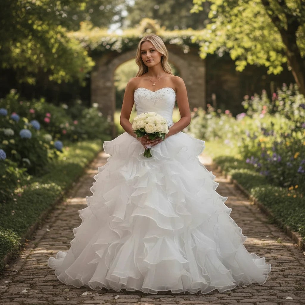 Aurapal strapless white ballgown wedding dress with cascading organza ruffles and sweetheart neckline in a garden.