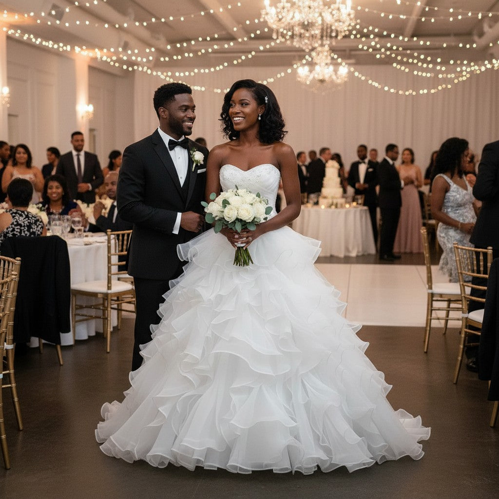 Aurapal bride in a white strapless organza ruffled ballgown standing with groom at a wedding reception