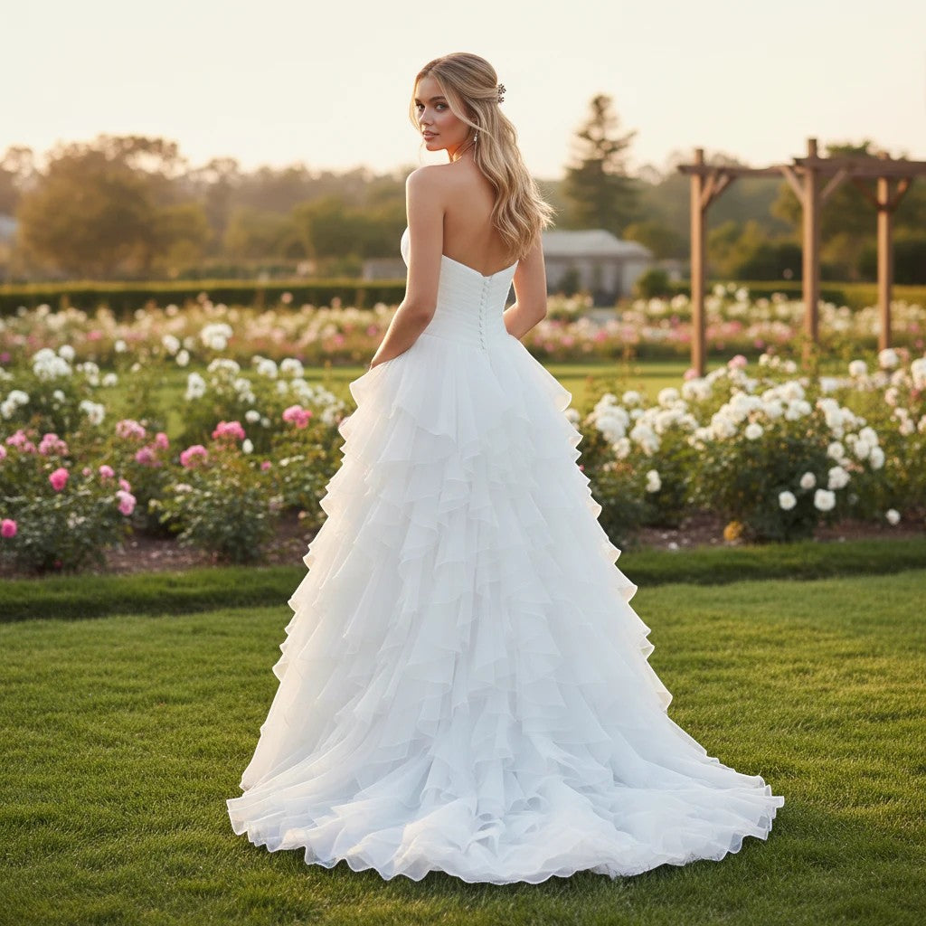 Aurapal strapless white tulle wedding gown with cascading ruffles and sweetheart neckline in a garden setting