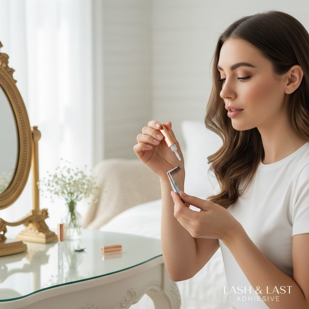 Aurapal transparent strip eyelash glue with rose gold cap. Professional-grade, long-lasting, waterproof adhesive for secure lash application.