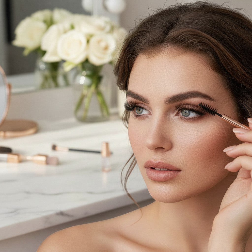Aurapal strip eyelashes on a woman applying mascara for a voluminous, dramatic look in a bright vanity setting.