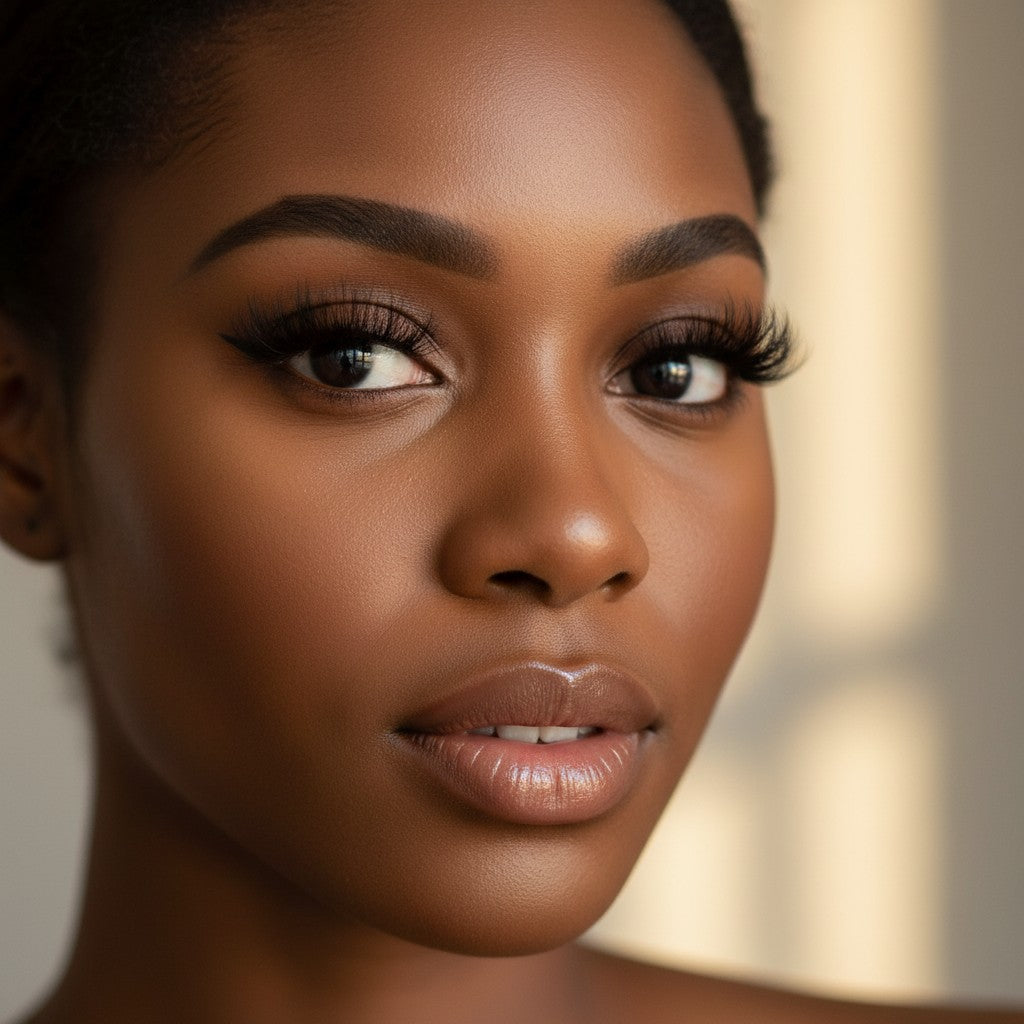 Aurapal premium strip eyelashes on a woman with dark skin, featuring a voluminous, dramatic, and natural look.