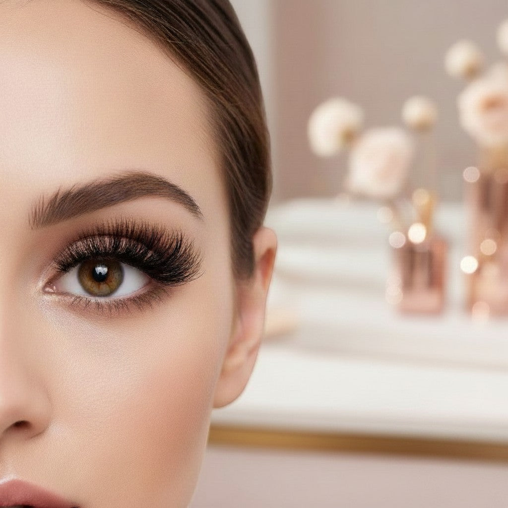 Aurapal premium strip eyelashes on a woman with a voluminous, dramatic look and flexible band for comfortable wear.
