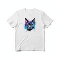 Aurapal white crewneck t-shirt featuring a vibrant watercolor cat portrait with blue and purple paint splatter effects.