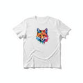 Aurapal white cotton crewneck t-shirt featuring a vibrant watercolor fox portrait graphic on the chest.