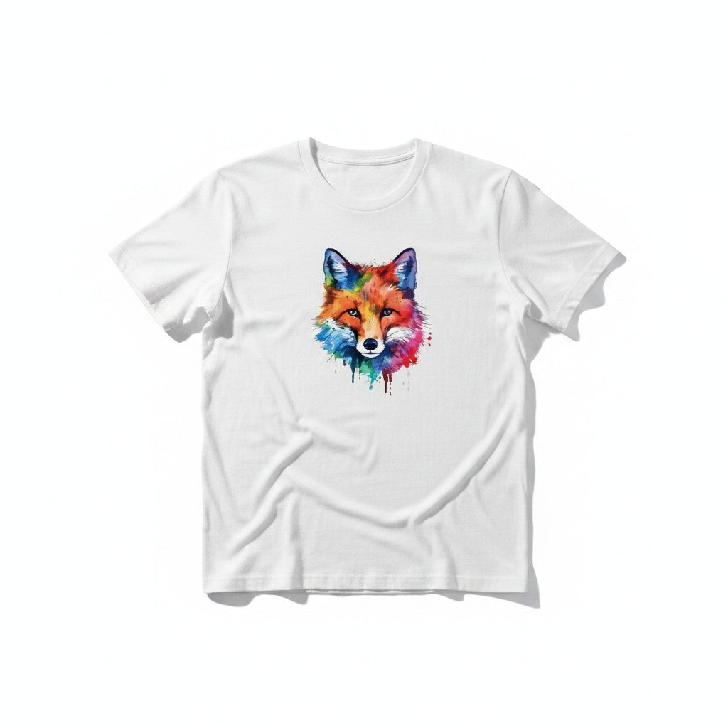 Aurapal white cotton crewneck t-shirt featuring a vibrant watercolor fox portrait graphic on the chest.