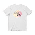 Aurapal white cotton crew neck t-shirt featuring an Adult-ish graphic with a pink and gold watercolor diamond design.