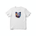 Aurapal white cotton crewneck t-shirt featuring a vibrant watercolor bear portrait in blue, purple, pink, and gold.