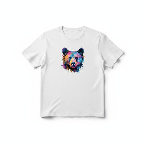 Aurapal white cotton crewneck t-shirt featuring a vibrant watercolor bear portrait in blue, purple, pink, and gold.
