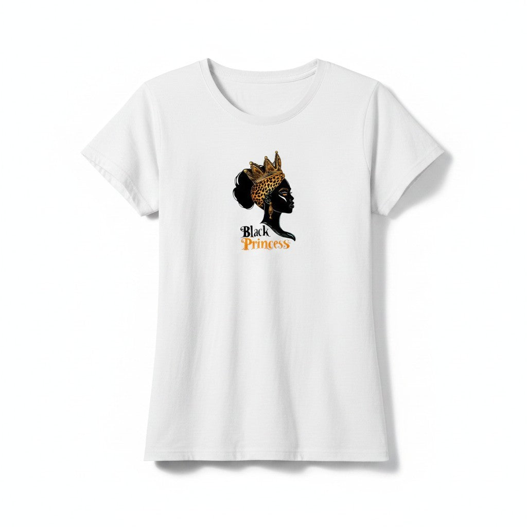 Aurapal white cotton crew neck t-shirt featuring a Black Princess graphic with a leopard-print crown and gold text.