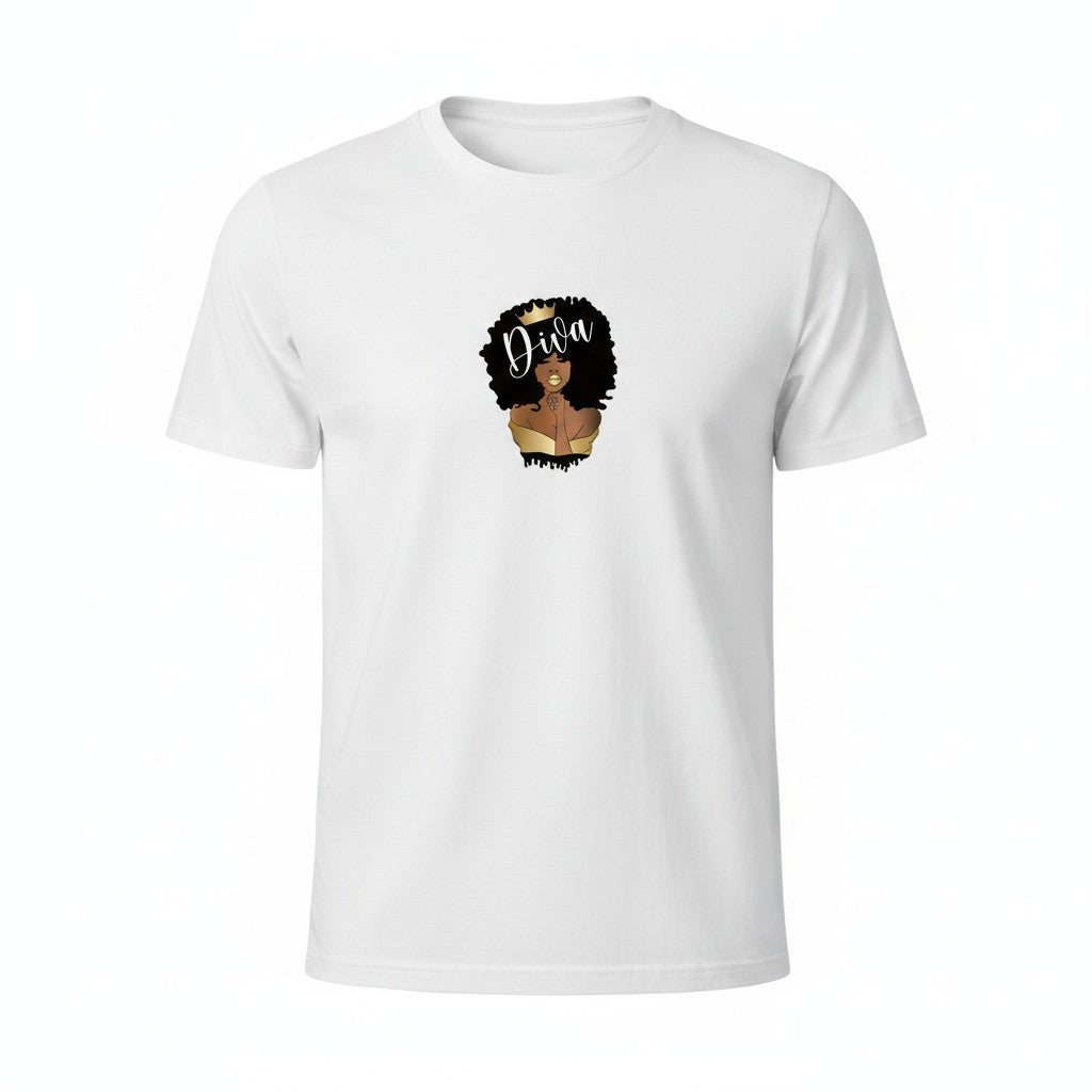 Aurapal white cotton crew neck t-shirt featuring a graphic print of a woman with an afro and gold crown.