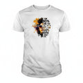 Aurapal white cotton crew neck t-shirt with a graphic print of a woman's face and bold text about confidence.