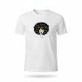Aurapal white cotton crew neck t-shirt featuring a graphic print of a woman with an afro and gold-toned accents.