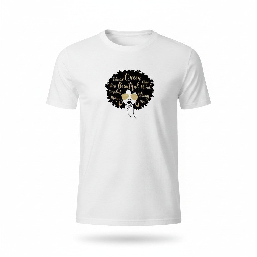 Aurapal white cotton crew neck t-shirt featuring a graphic print of a woman with an afro and gold-toned accents.