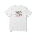 Aurapal white cotton crewneck t-shirt featuring a pastel watercolor graphic with gold lines and hand-lettered text.