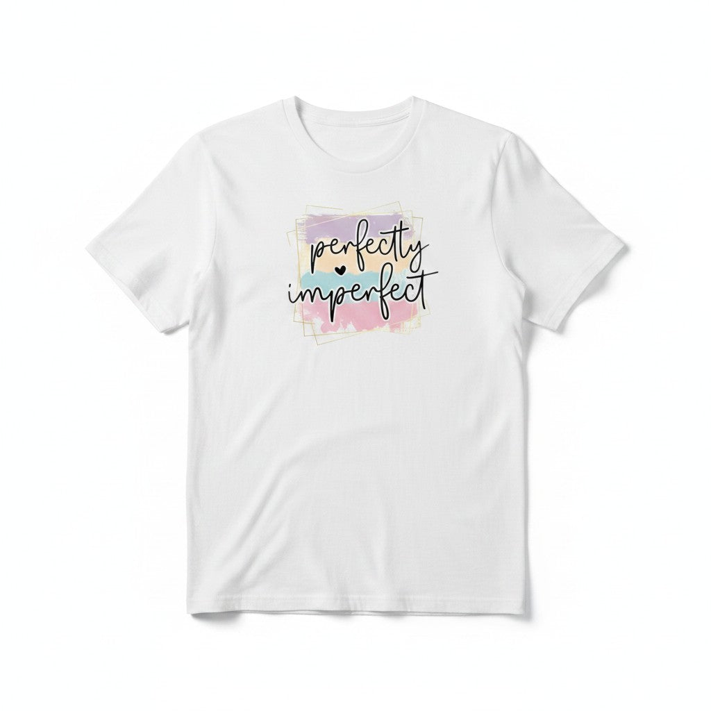 Aurapal white cotton crewneck t-shirt featuring a pastel watercolor graphic with gold lines and hand-lettered text.